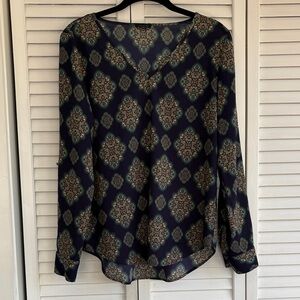 Ann Taylor Navy and Gold Patterned Blouse